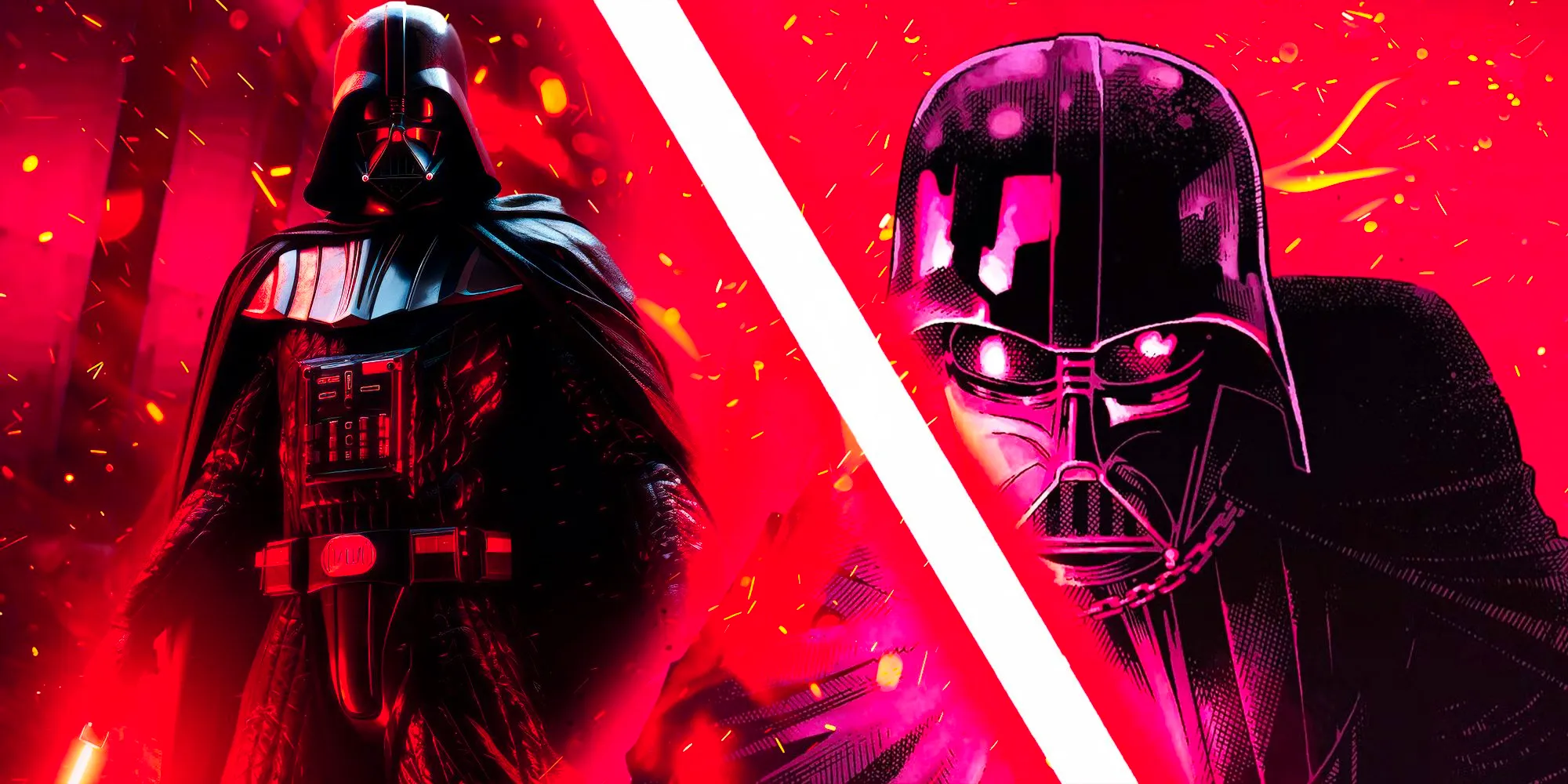 Darth Vader wielding his red lightsaber to the left and standing looking ominous to the right in front of a red background Image