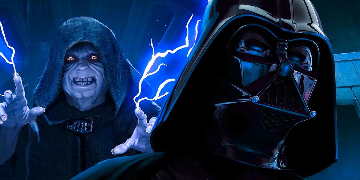 Darth Vader with Emperor Palpatine using Force-lightning behind him. Image