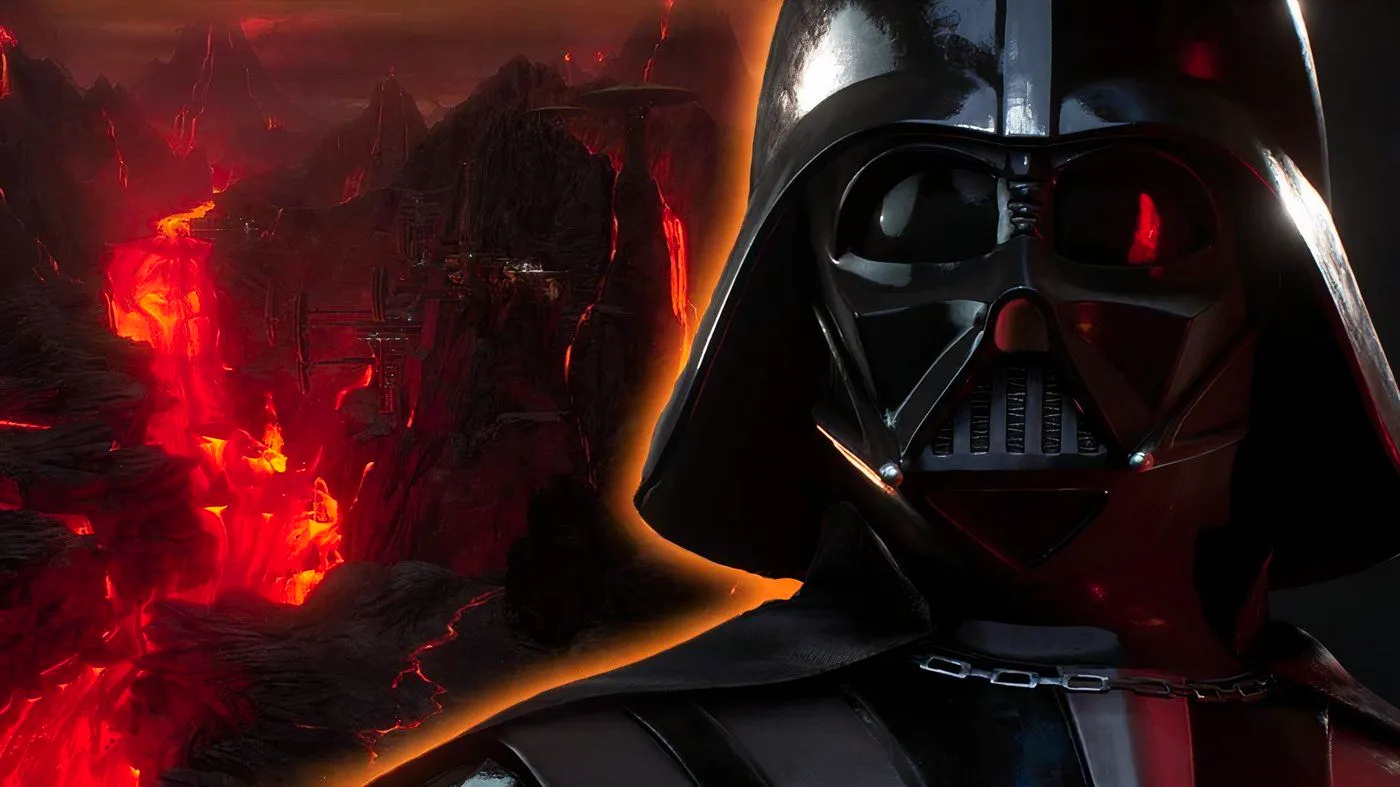 Darth Vader with his castle on Mustafar behind him. Image