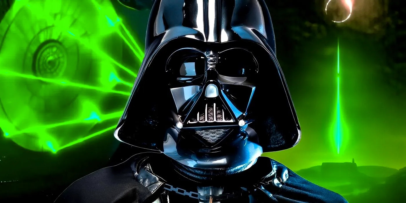 Darth Vader with the Death Star charging its green laser behind him. Image