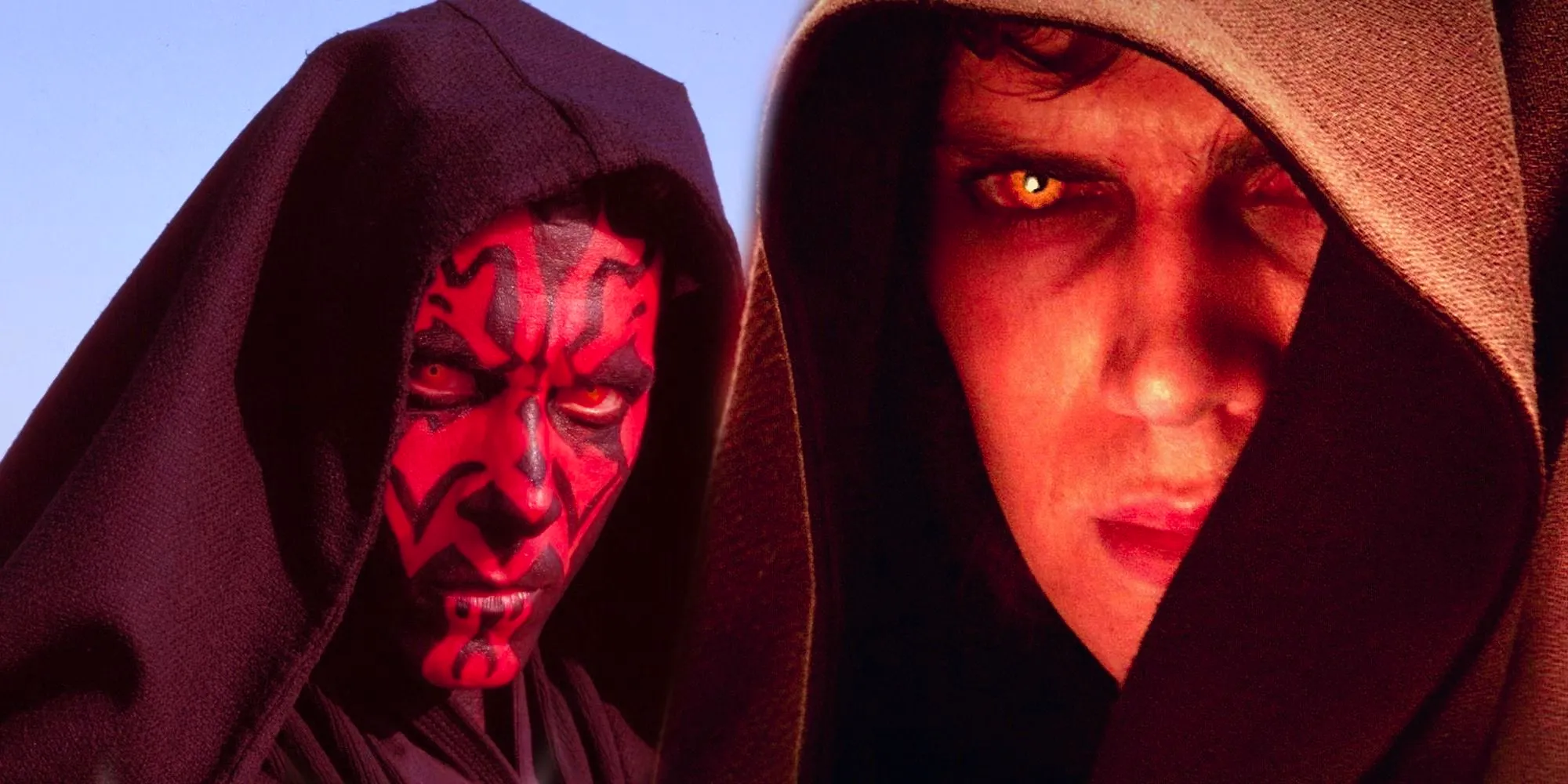 Darth Vader/Anakin Skywalker with Sith eyes to the left and Darth Maul from The Phantom Menace to the right Image