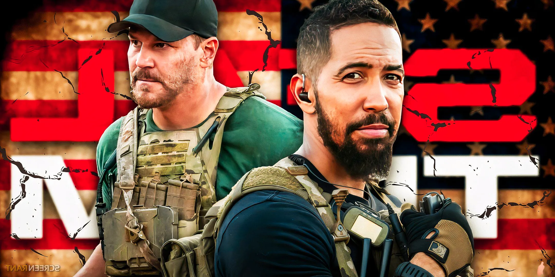 David Boreanaz as Jason Hayes and Neil Brown Jr as Ray Perry in front of SEAL Team show logo Image