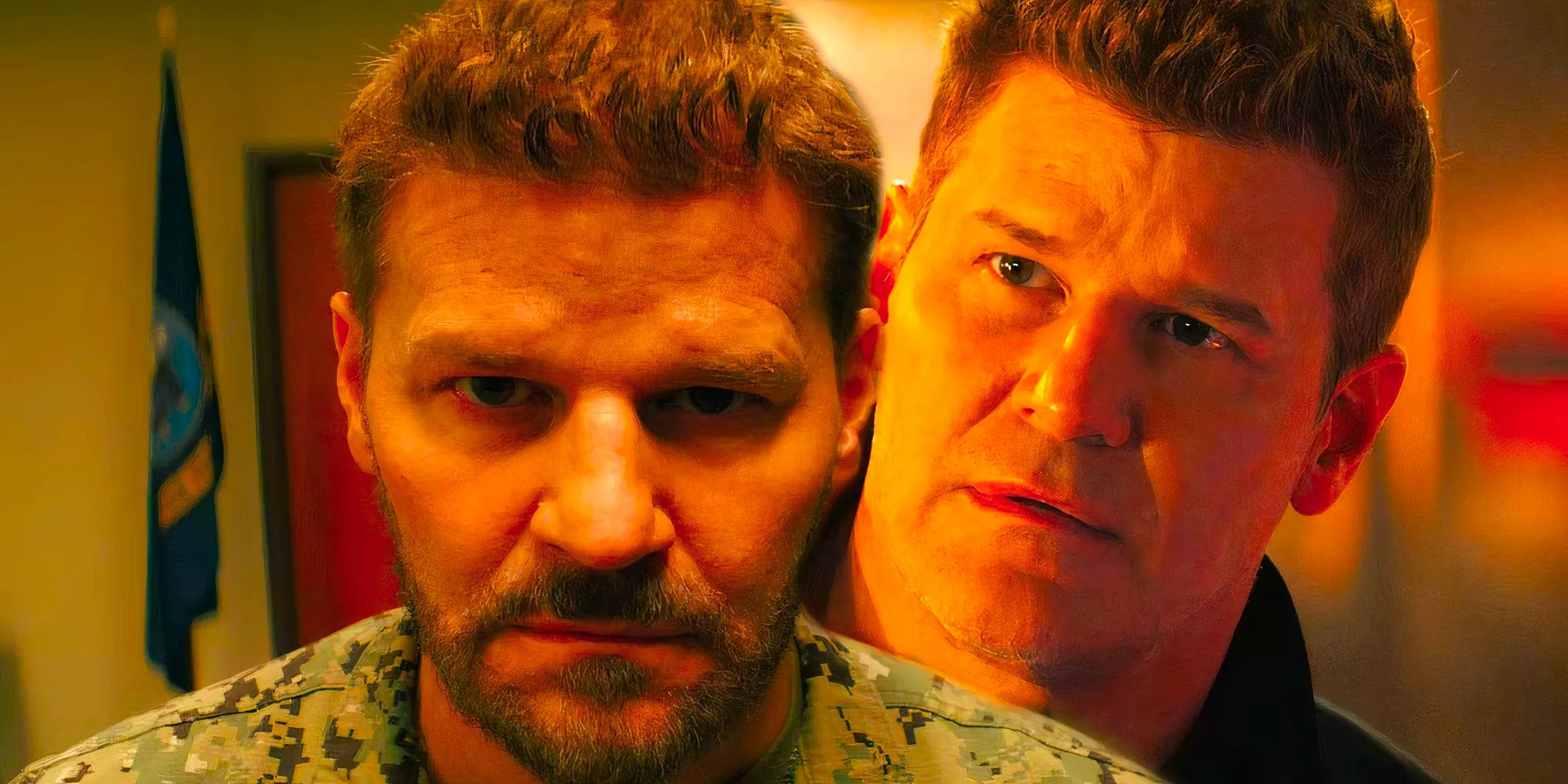 David Boreanaz as Jason looking sad next to Jason with a beard looking serious on SEAL Team Image