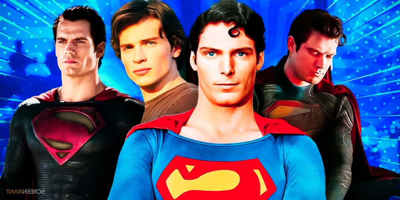 David Corenswet’s Superman from the suit reveal, Christopher Reeve’s Superman, Tom Welling’s Clark Kent, and Henry Cavill’s Superman Image