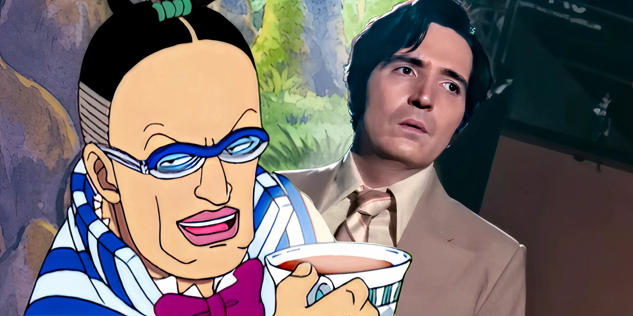 David Dastmalchian as Jack looking distraught in Late Night with the Devil and Mr. 3 looking smug while holding a cup of tea in One Piece Image