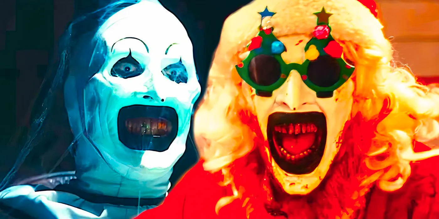 David Howard Thornton as Art the Clown wearing a Santa outfit and Christmas glasses smiling next to Art smiling in Terrifier 3 trailer Image