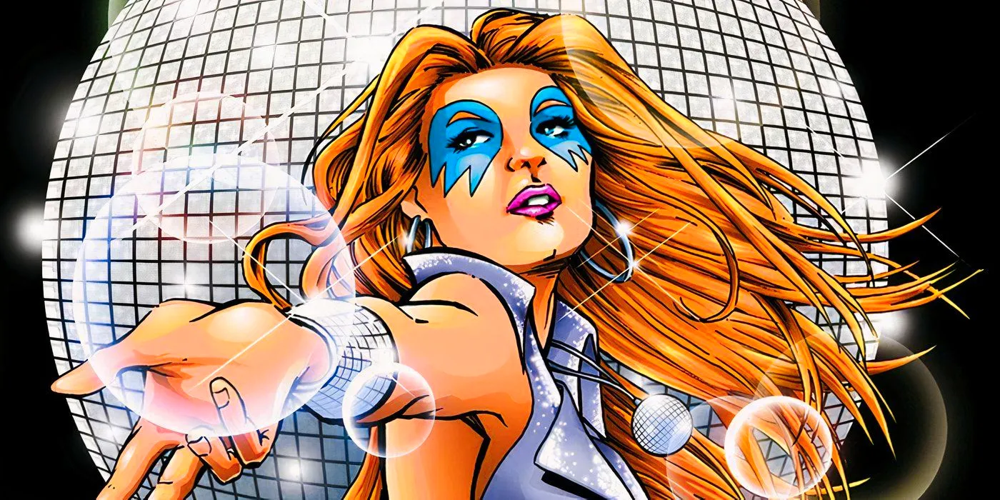 Dazzler dancing and making light bubbles appear, against a disco ball backdrop. Image