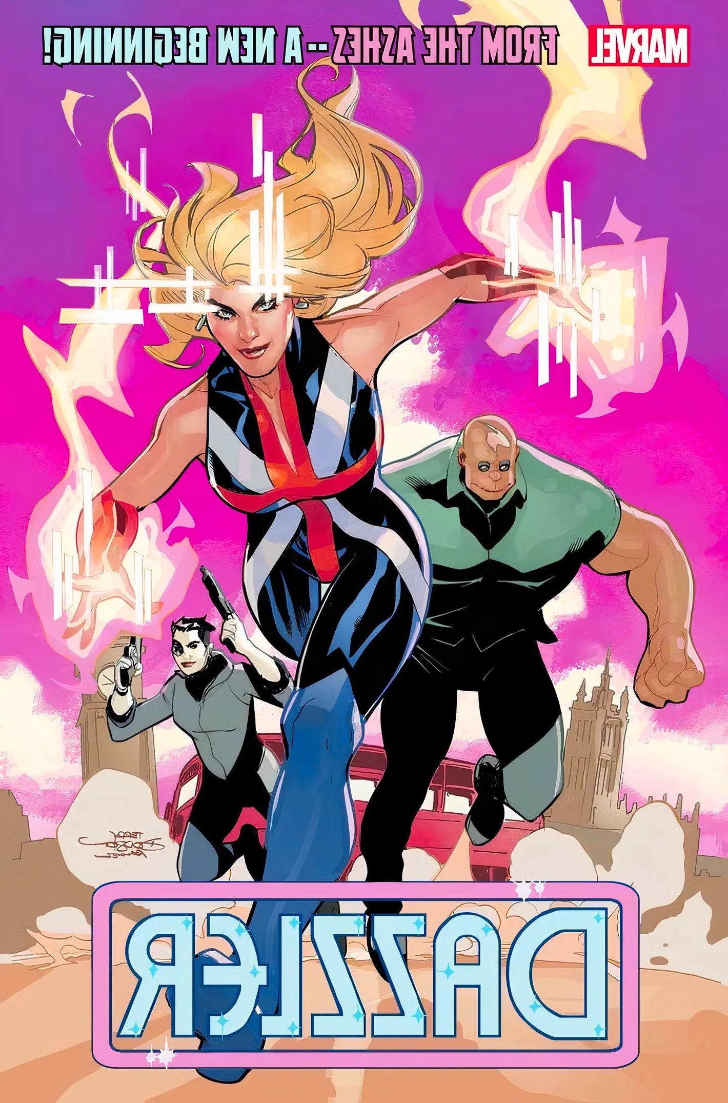 Dazzler sports a Union Jack bodysuit as she runs towards the viewer, Domino and Strong Guy behind her. Image