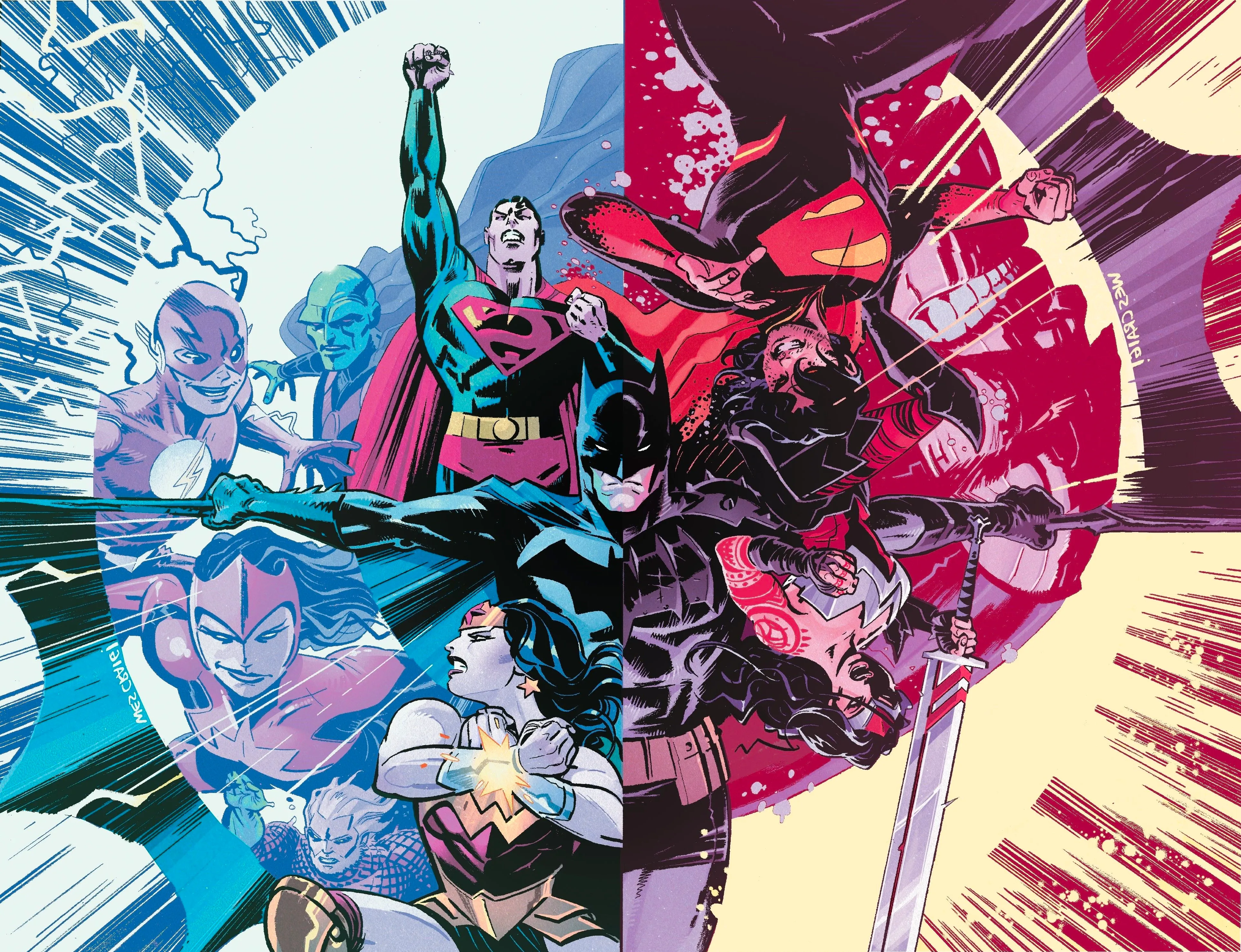 DC All In Special 1 Craig Variant Cover: a split image of the Justice League and the Absolute Universe Trinity. Image