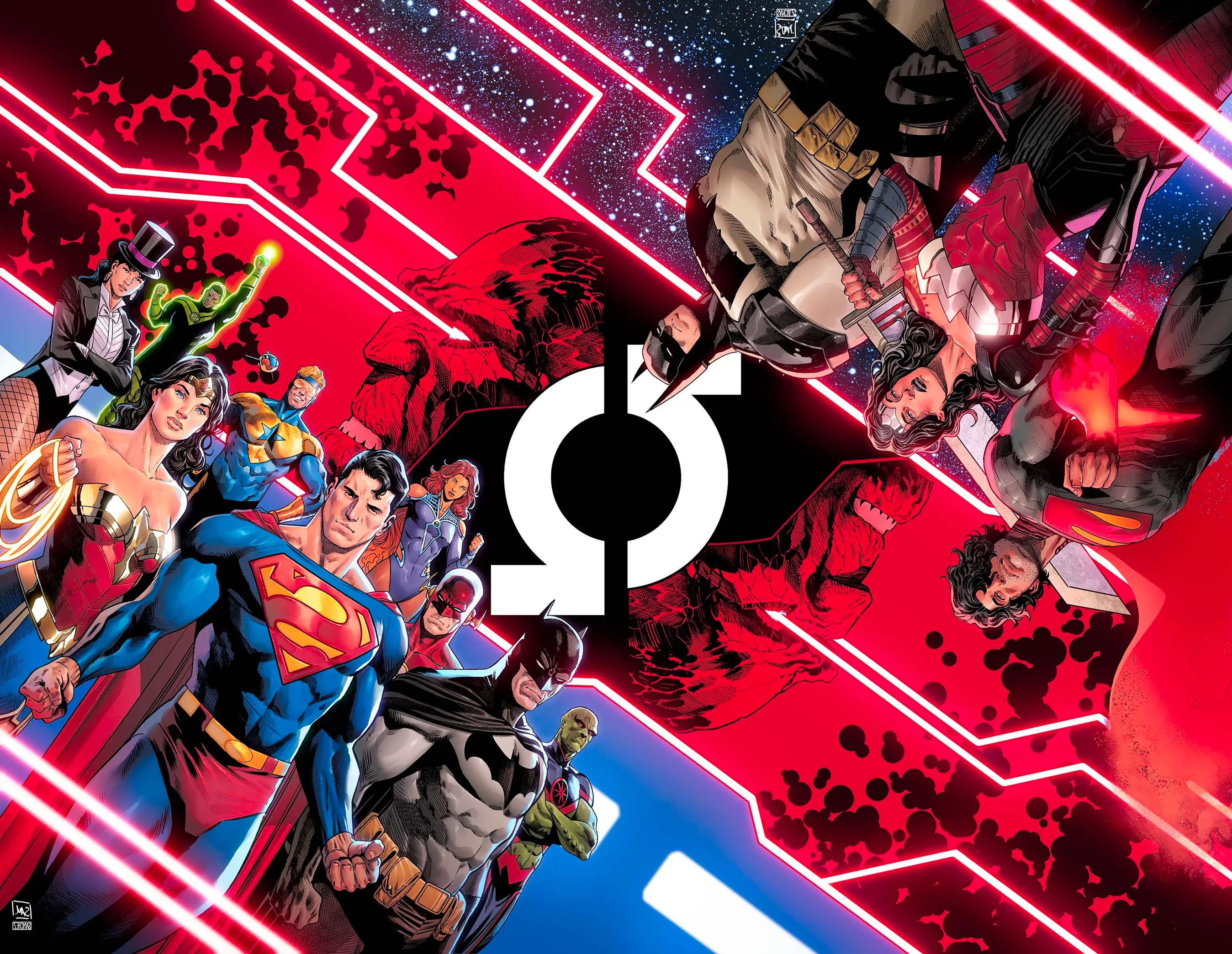 DC All In Special 1 Main Cover Solicits: the Justice League and the Absolute Universe Trinity pose on opposite sides of the page. Image