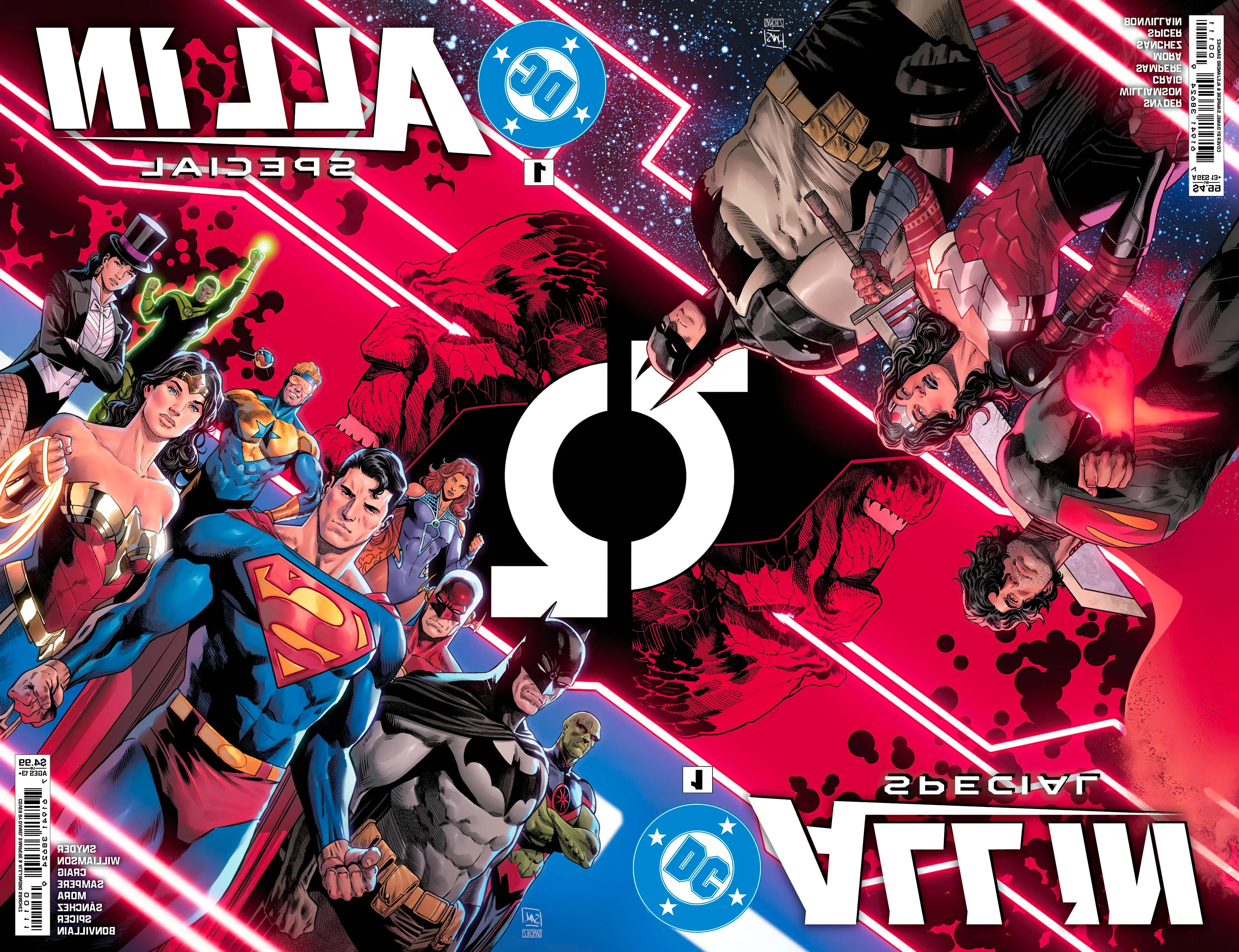 DC All In Special 1 Main Cover: the Justice League appears on one side, and the Absolute Trinity appears on the other. Image