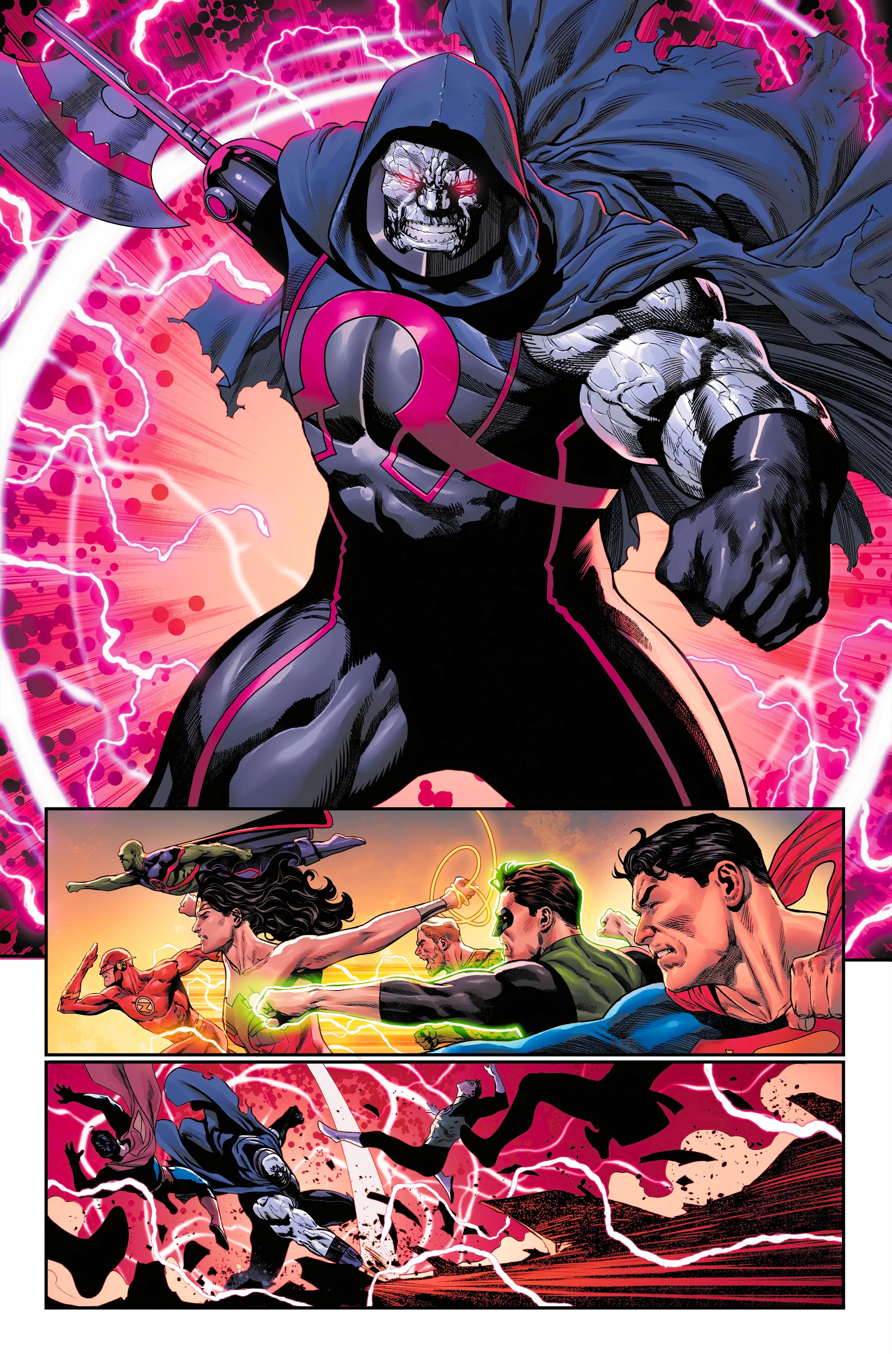 DC All In Special 1 Preview Page: Darkseid appears with a new axe arm, preparing to fight the Justice League. Image