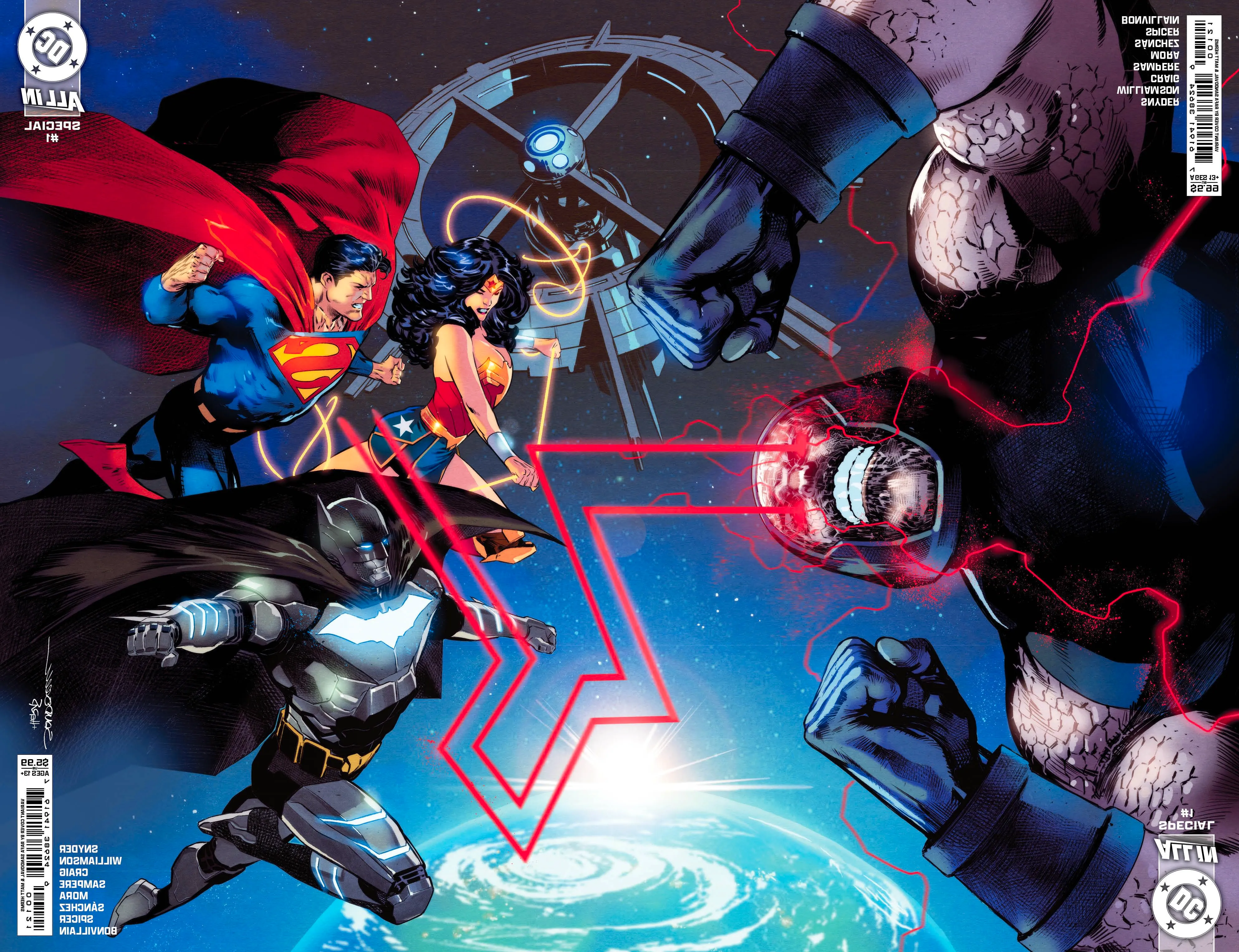 DC All In Special 1 Sandoval Variant Cover: Wonder Woman, Superman, and Batman fight Darkseid in space. Image