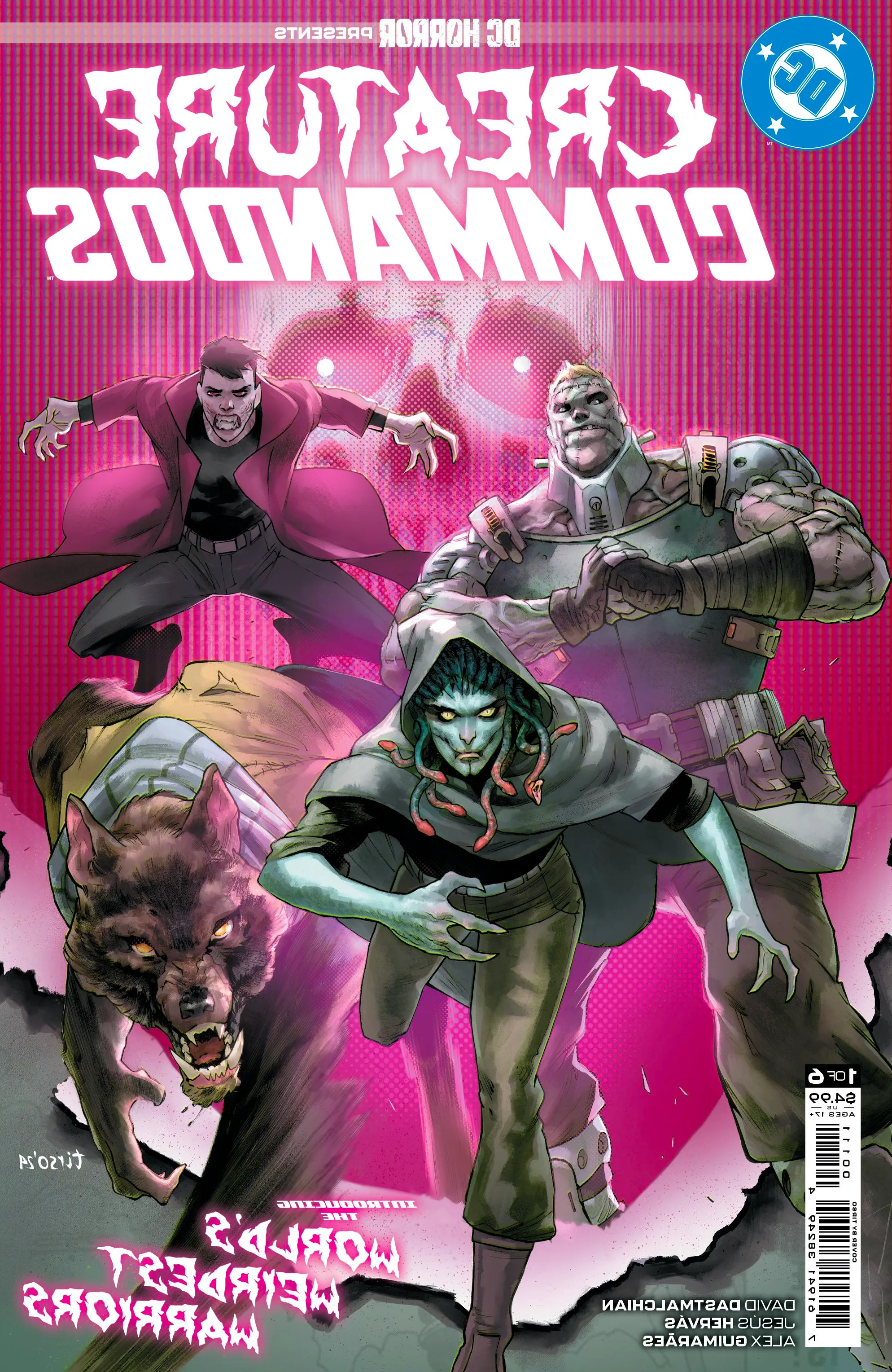 DC Horror Presents Creature Commandos 1 Main Cover: various DC monsters run toward the reader, including a gorgon and a werewolf. Image