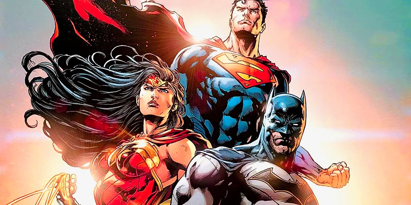 DC Trinity, Batman (left) Superman (center) and Wonder Woman (right) glowing as they stand in front of the sun. Image