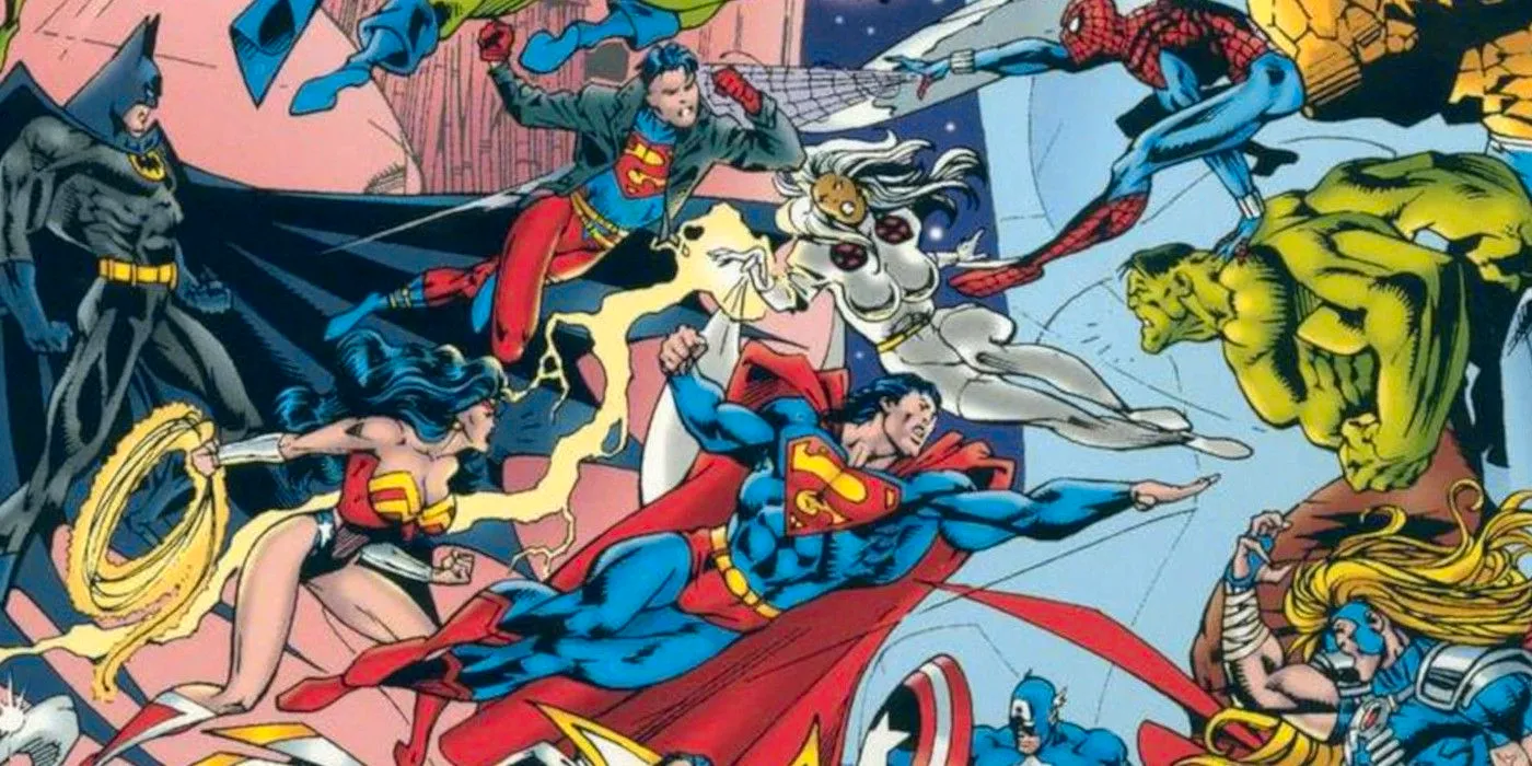 DC Versus Marvel comic panel showing the heroes fighting Image