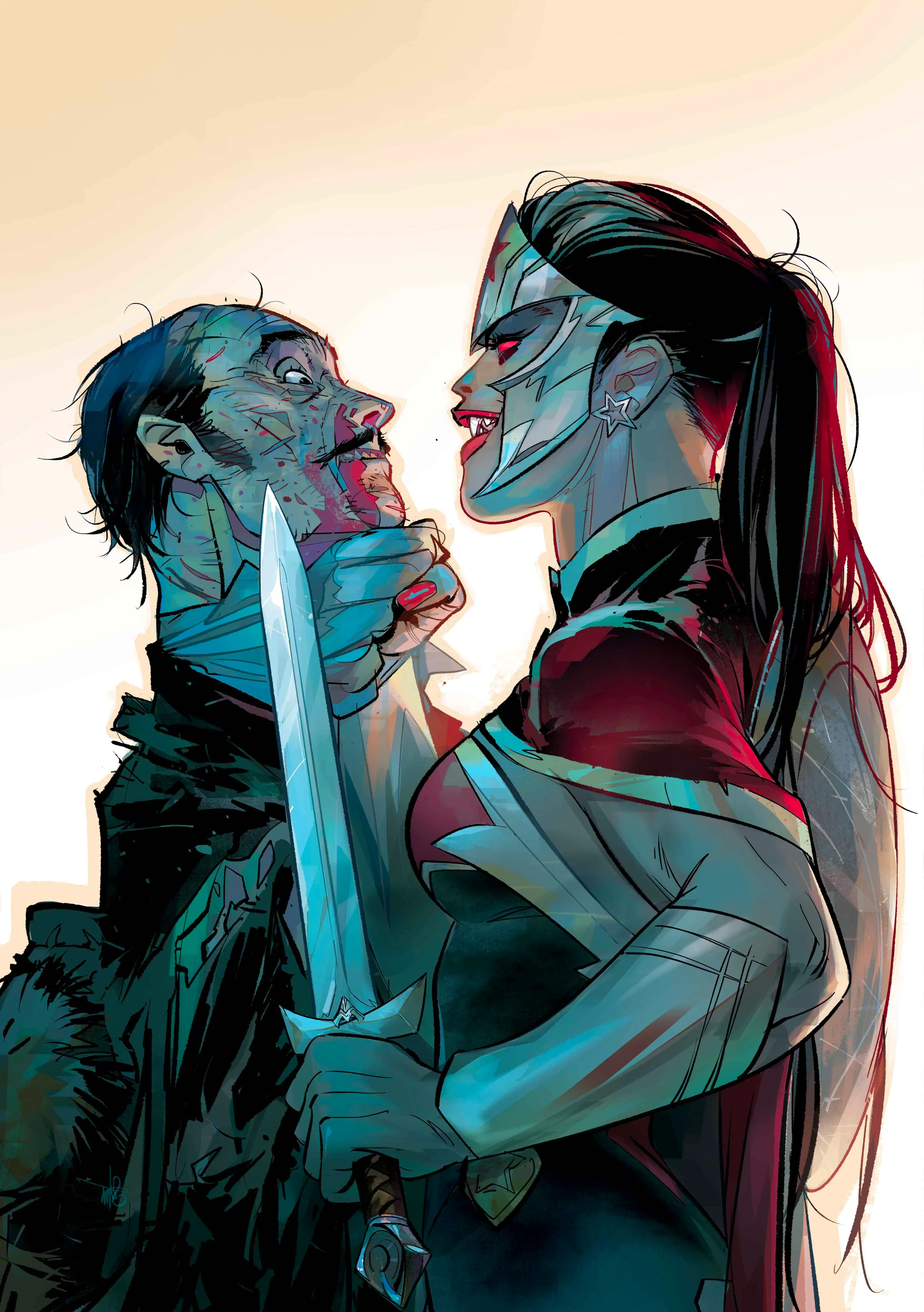 DC vs Vampires World War V 2 Main Cover Solicits: Vampire Wonder Woman puts a sword to Alfred's neck. Image