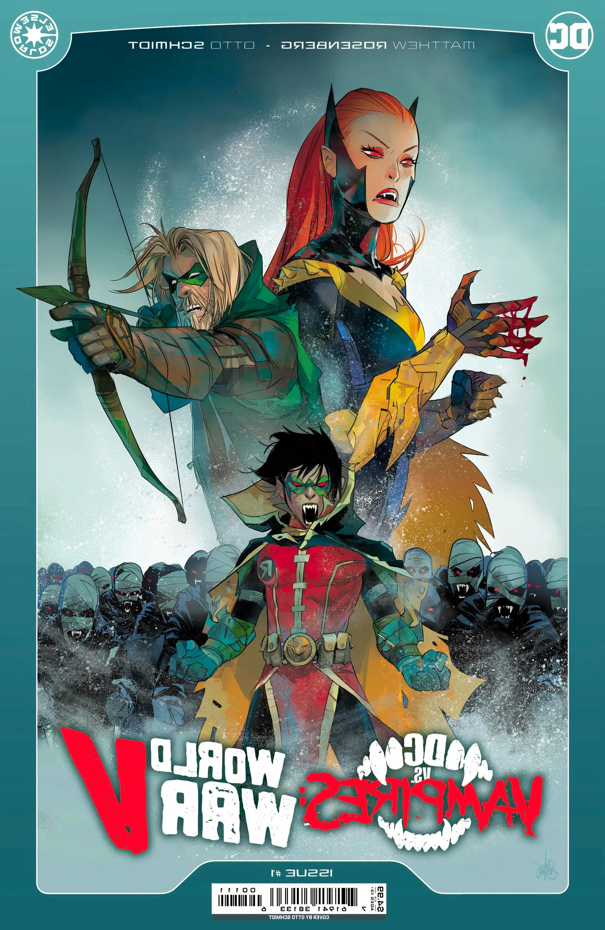 DC vs Vampires World War V Main Cover: Vampire Batgirl and human Green Arrow pose behind vampire Damian Wayne. Image