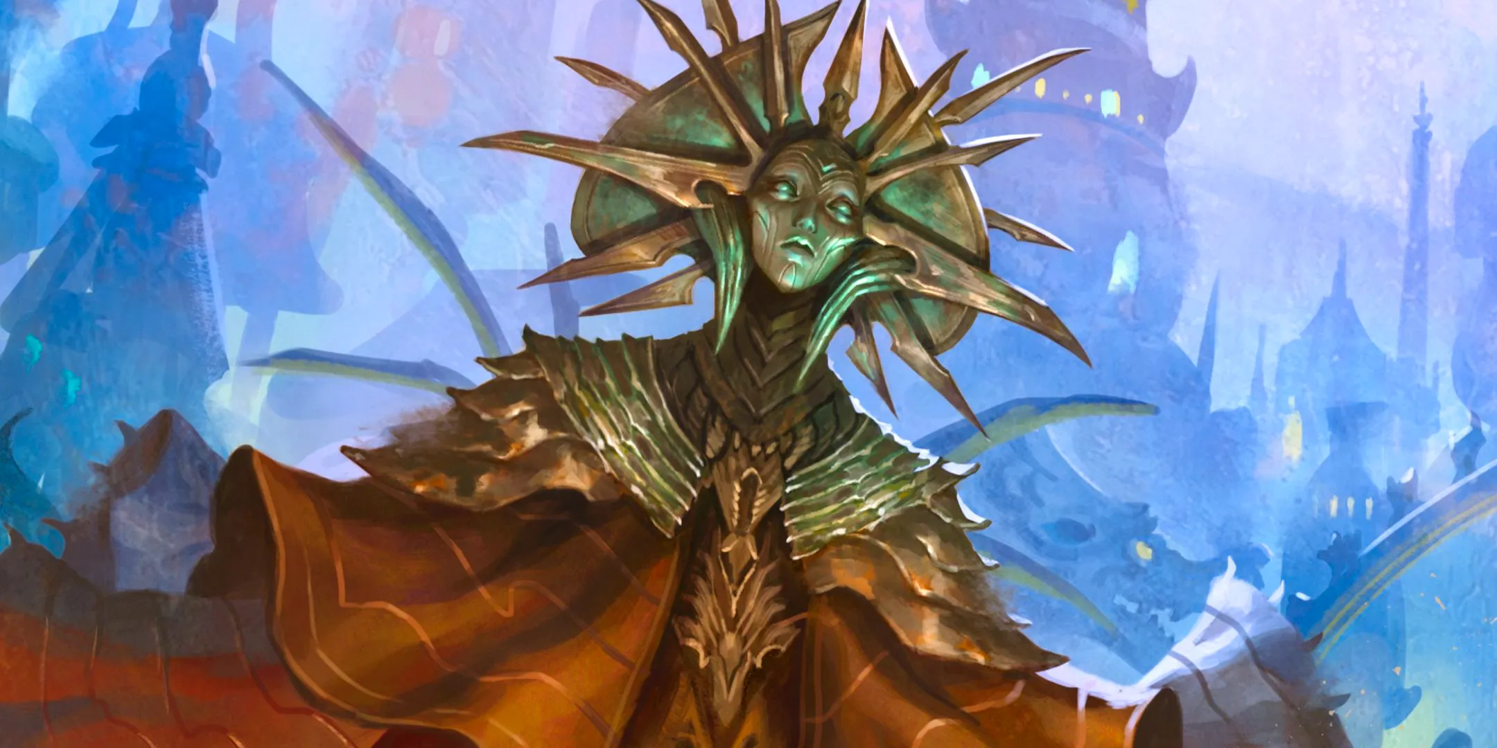 D&D's Lady of Pain in a spiked helm in close-up of artwork from the 2024 Dungeon Master's Guide. Image