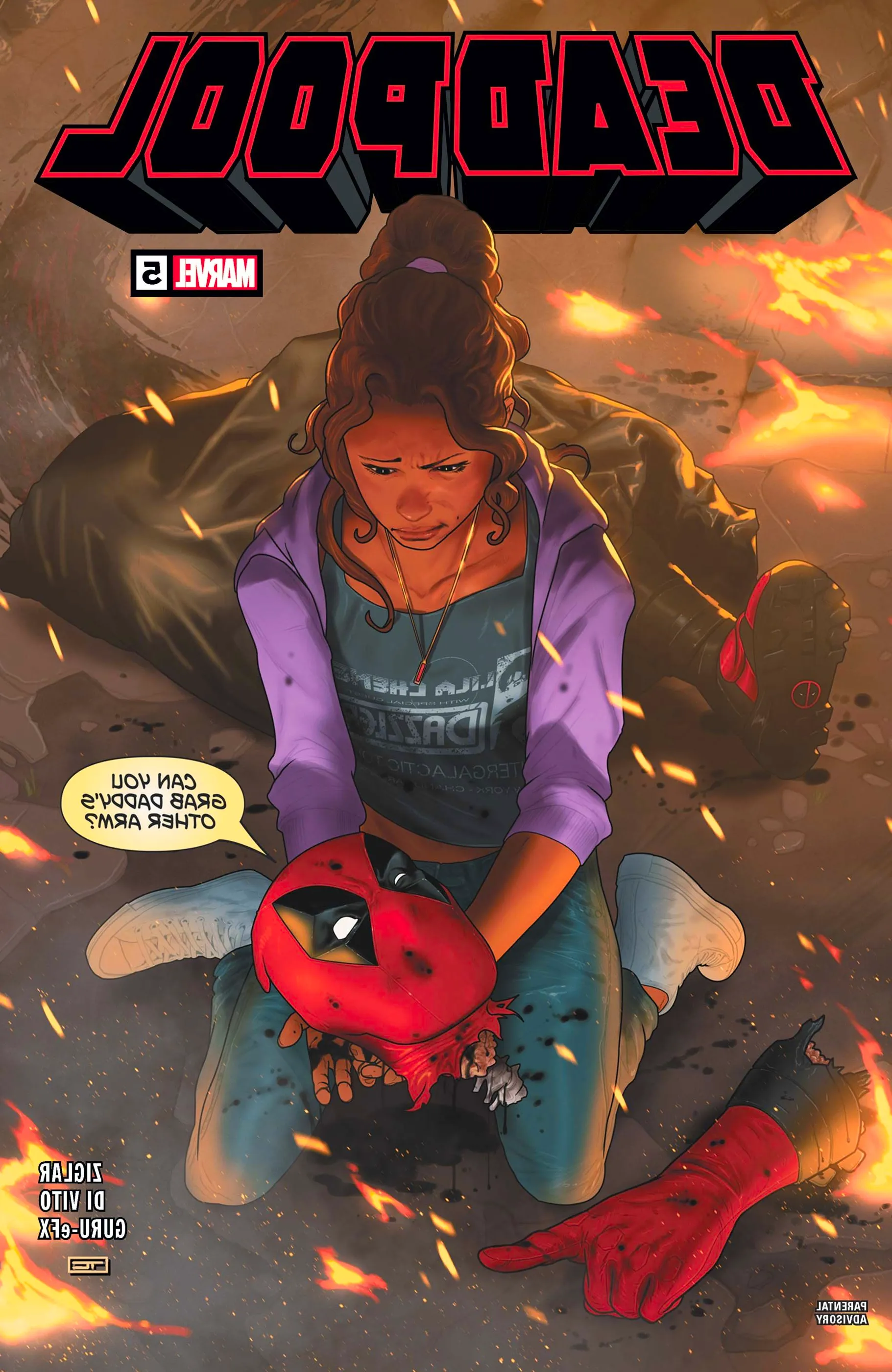 Deadpool #5 Cover by Taurin Clarke - Ellie holds her father Wade’s severed head and he asks her to pass him his arm Image