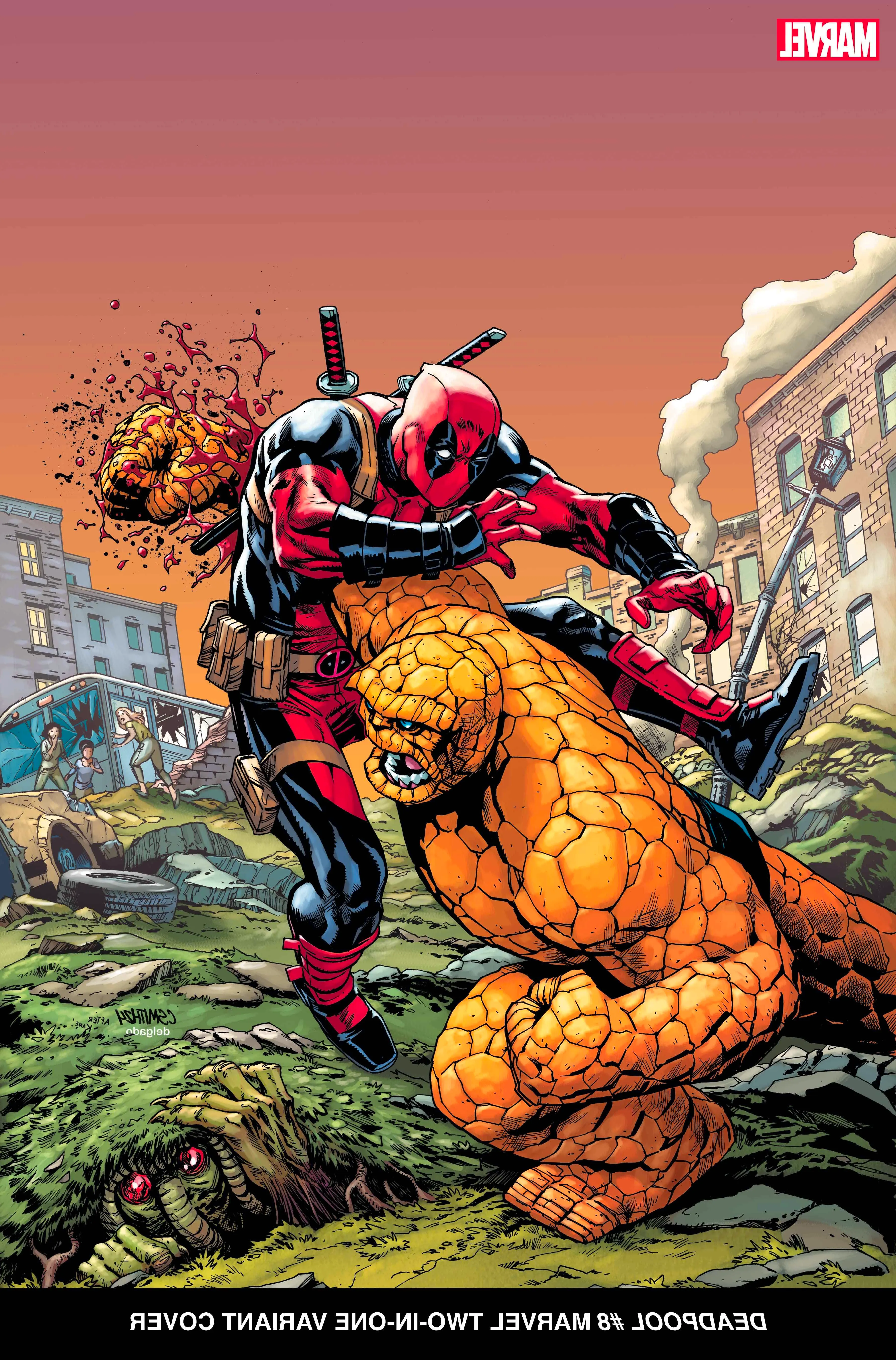 Deadpool #8 Marvel Two-In-One variant cover by Cory Smith - The Thing punches through Deadpool's chest Image