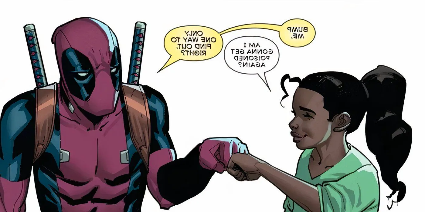 Deadpool and his daughter Ellie fist-bumping. Image