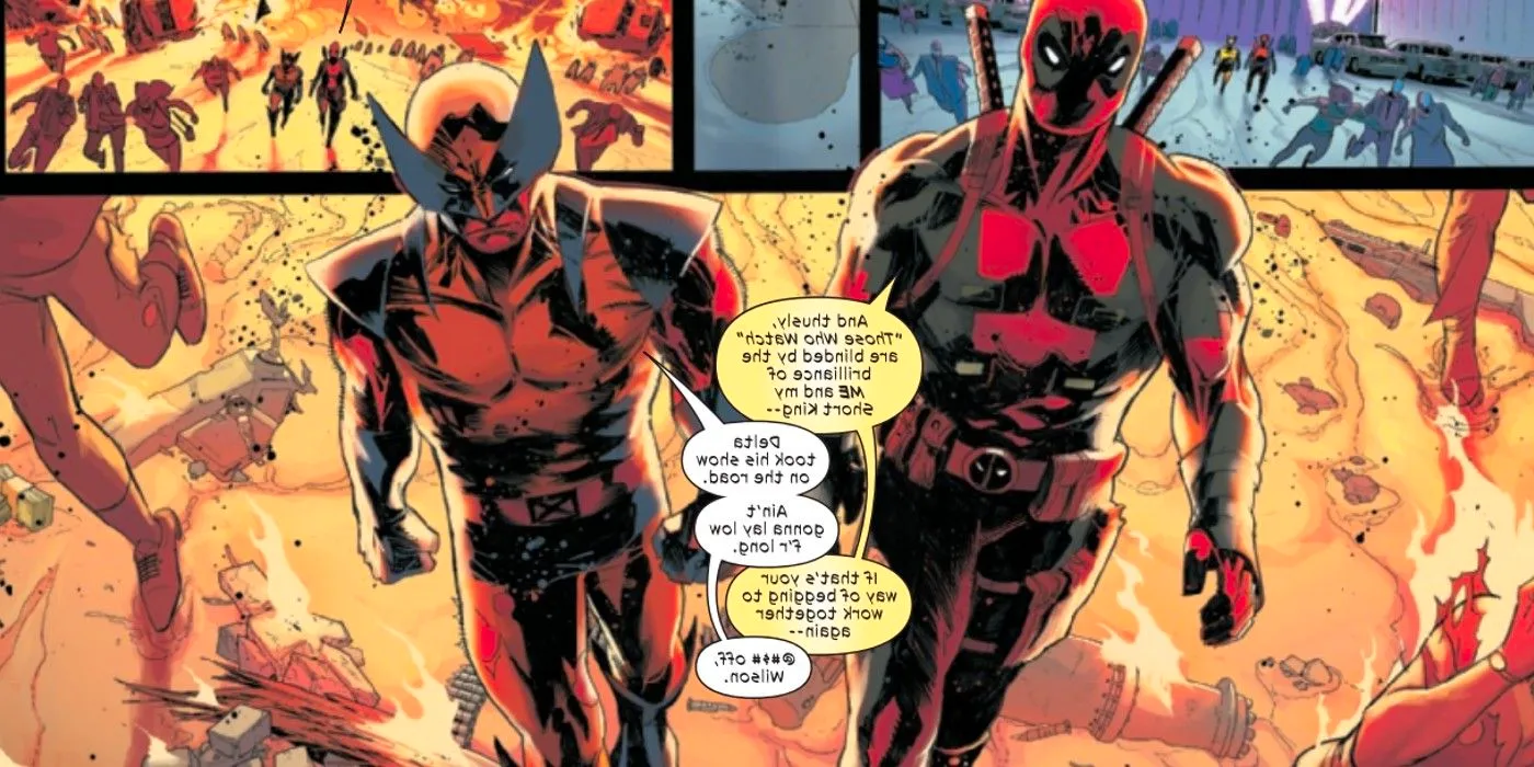 Deadpool and Wolverine walk side by side after defeating Delta's goons Image