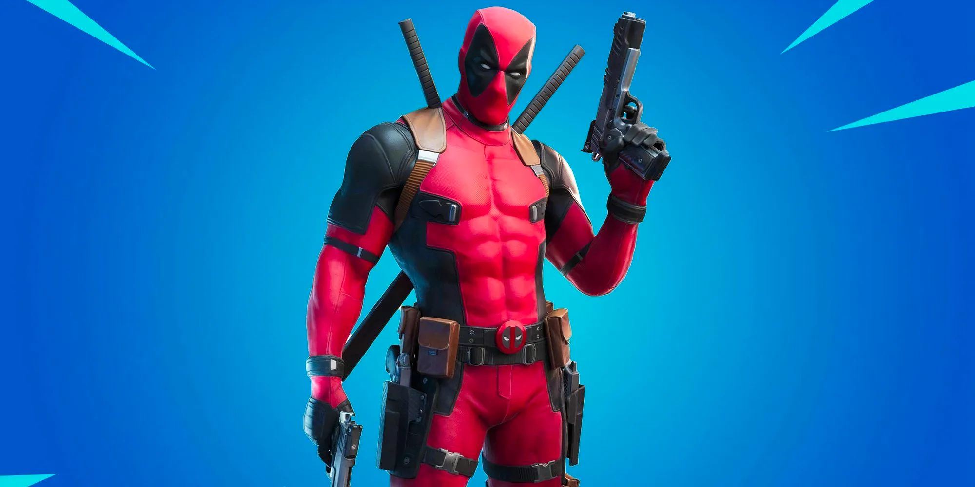 Deadpool as he appears in Fortnite on a blue background Image