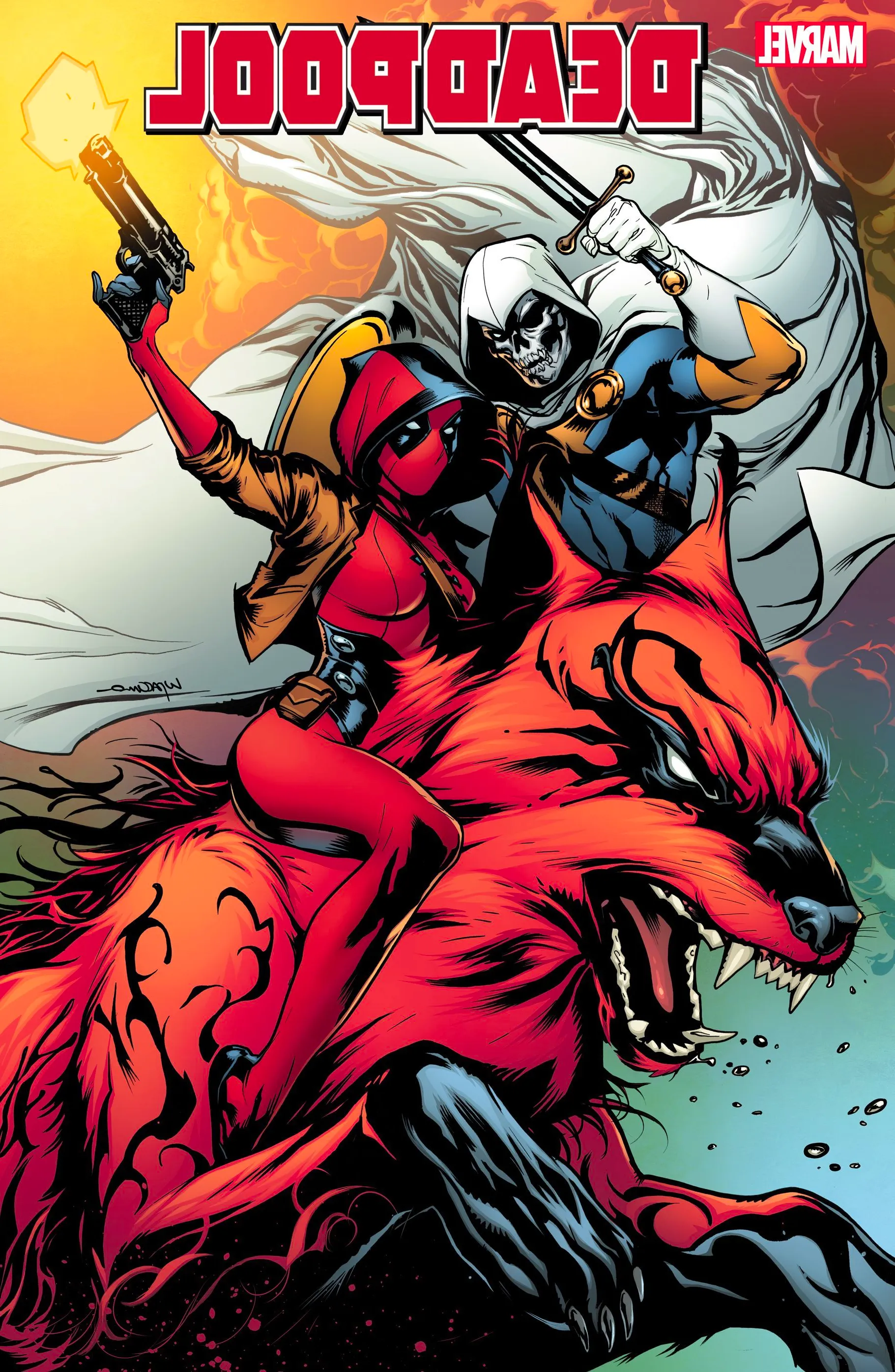 Deadpool Ellie rides her half-sister symbiote-wolf, Princess, with Taskmaster in the background. It's as awesome as you picture. Image