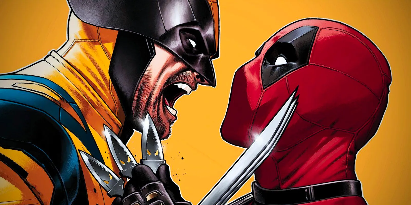 Deadpool (left) and Wolverine (right) face-to-face, blades pointed at each other's throats. Image