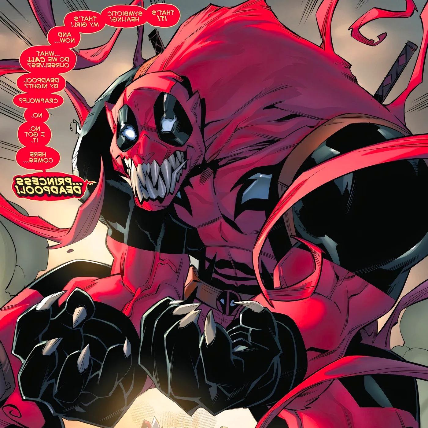 Deadpool merging with the symbiote Princess to become Princess Deadpool. Image