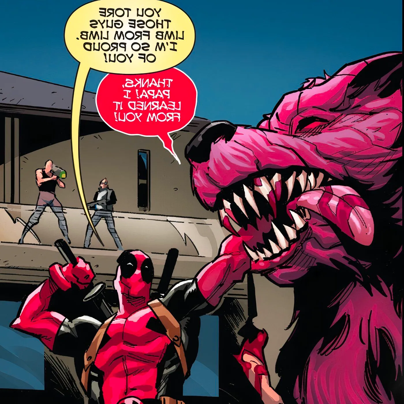 Deadpool praising his symbiote dog/daughter, Princess. Image