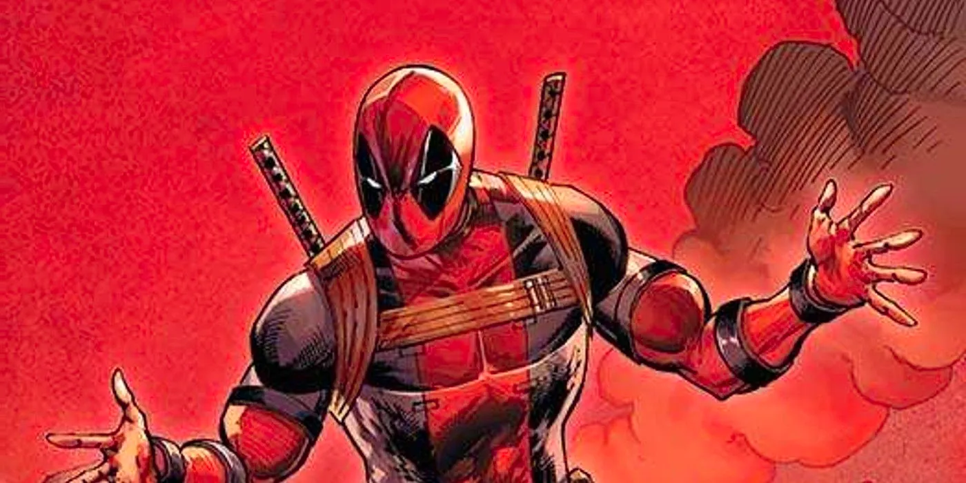 Deadpool stands with his hands out as an explosion cloud smokes behind him. Image