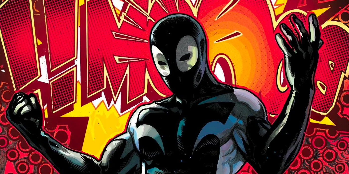 Deadpool wearing the black suit Venom symbiote before Spider-Man. Image