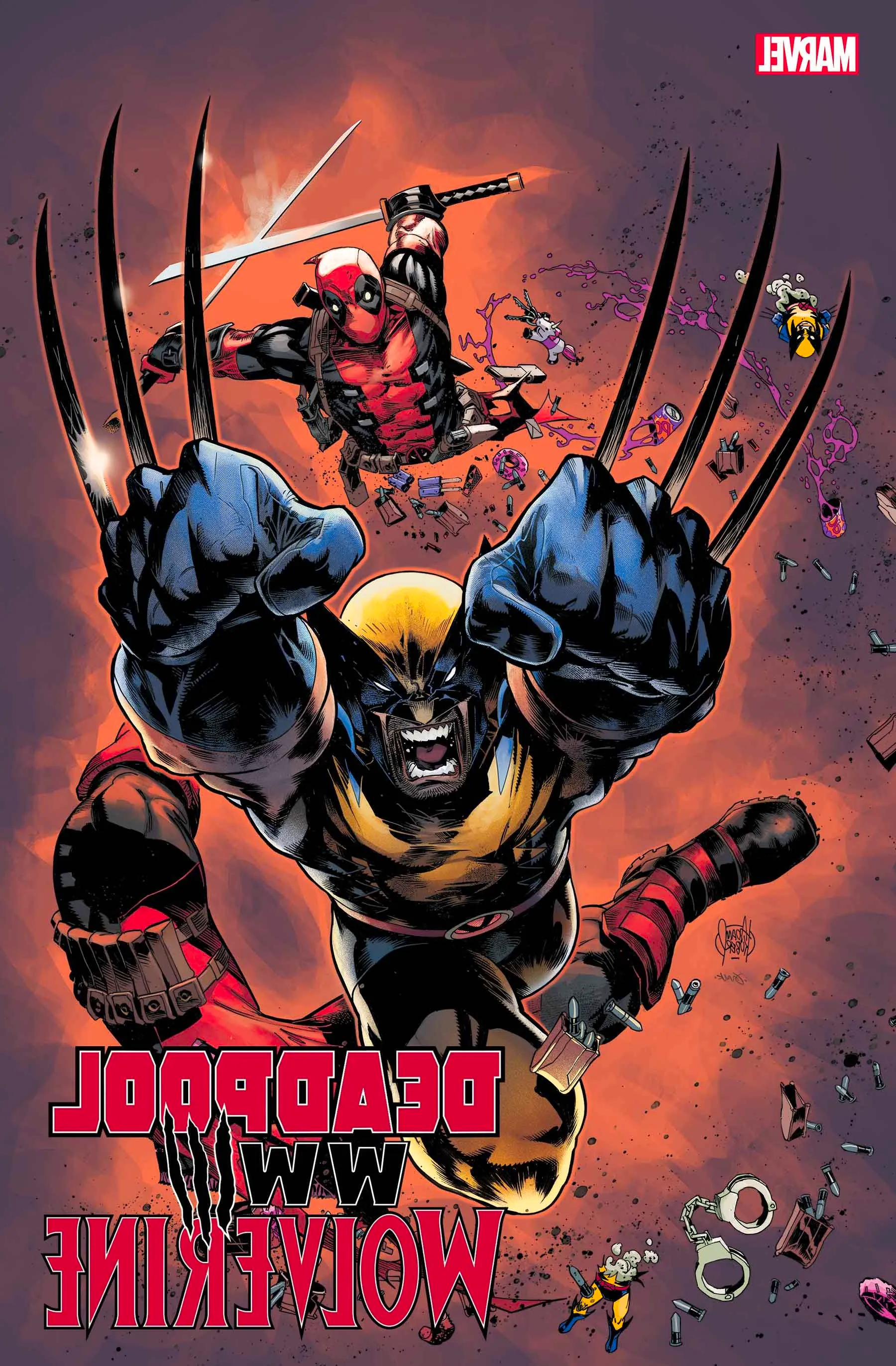 Deadpool & Wolverine WWIII #3 Cover by Adam Kubert - Wolverine claws through Deadpool Image