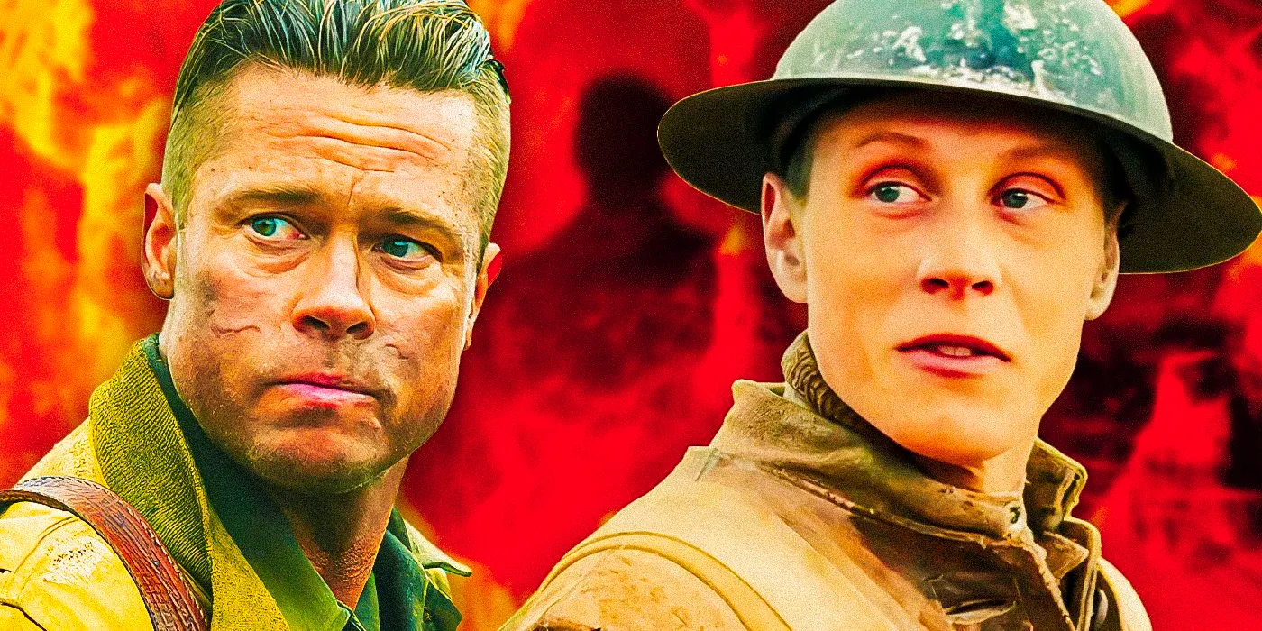 Dean-Charles-Chapman-as-Lance-Corporal-Blake-from-1917-and-Brad-Pitt-as-Don-Wardaddy-Collier-from-Fury Image