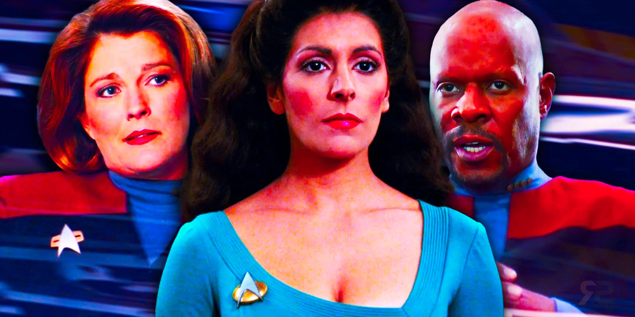 Deanna Troi from Star Trek TNG, Captain Sisko from DS9, and Captain Janeway from Voyager Image