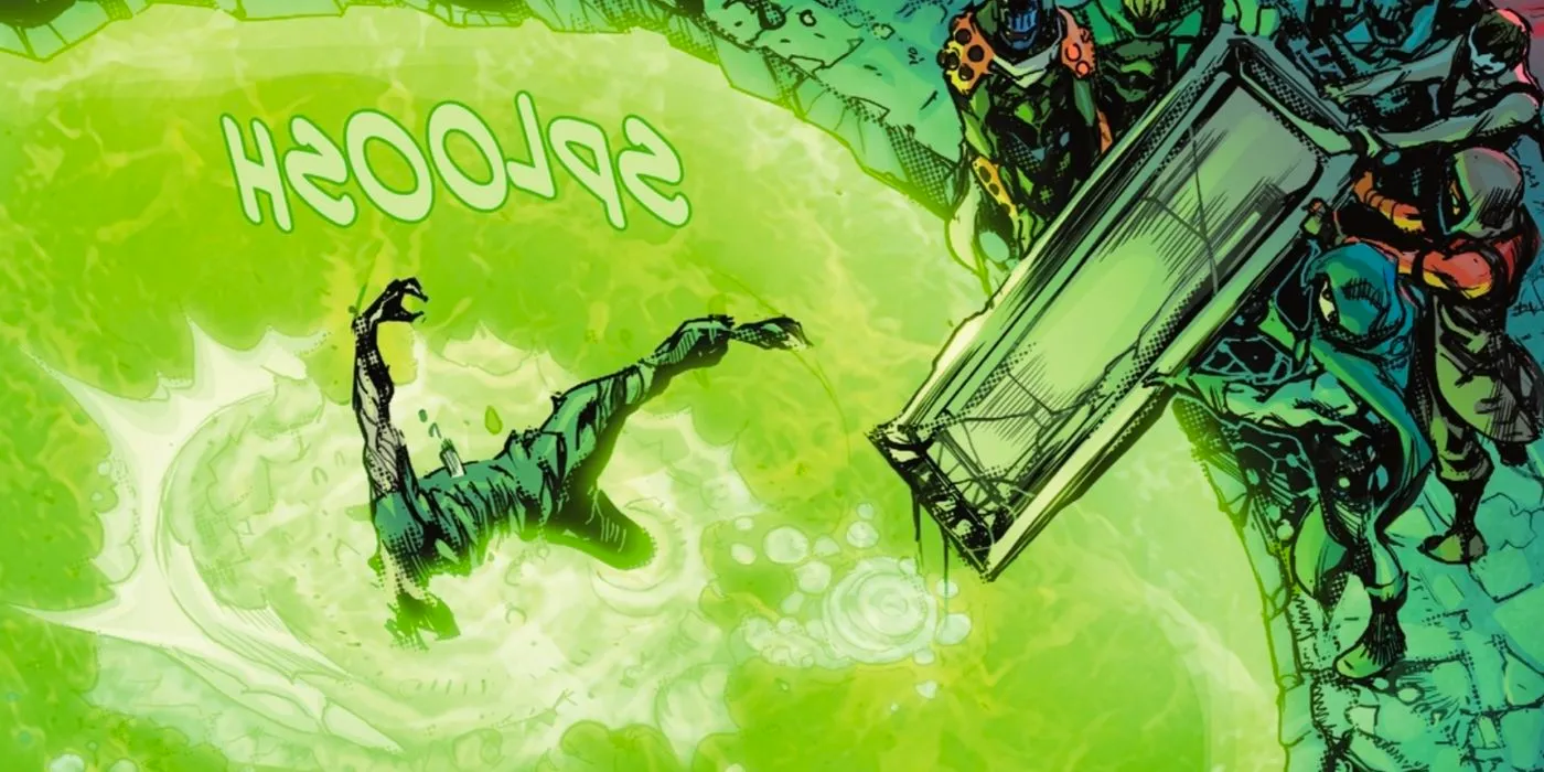 Deathstroke Thrown is thrown headfirst into a Lazarus Pit. Image