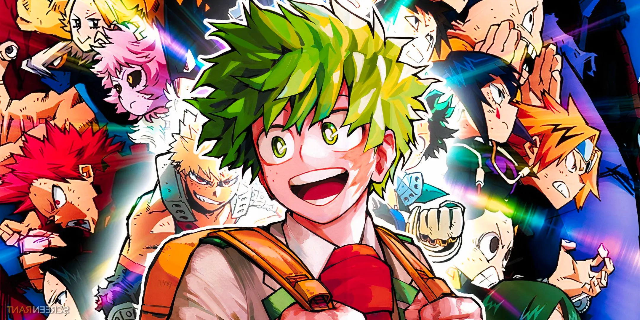 deku smiling looking off to the side with class 1 a in the background from the poster of my hero academia heroes rising Image