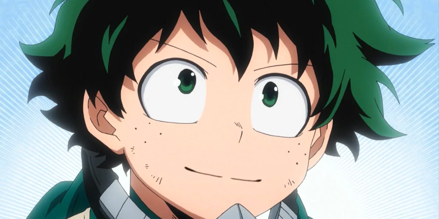 Deku smiling while wearing his hero costume in My Hero Academia's anime. Image