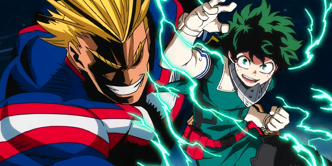 Deku using his Quirk and All Might in My Hero Academia  Image