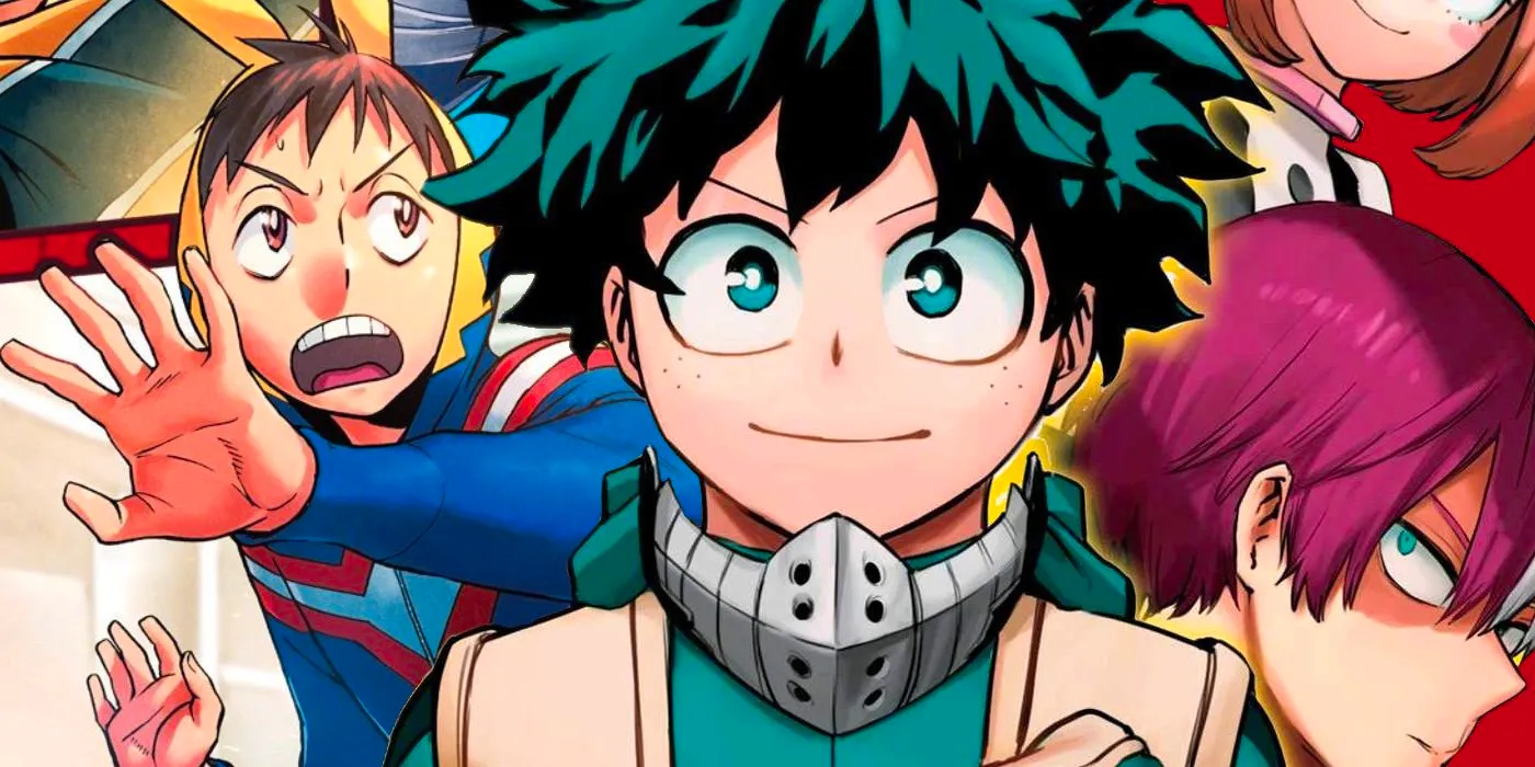 Deku with Ochaco and Todoroki on one side, and Koichi from Vigilantes on the other. Image