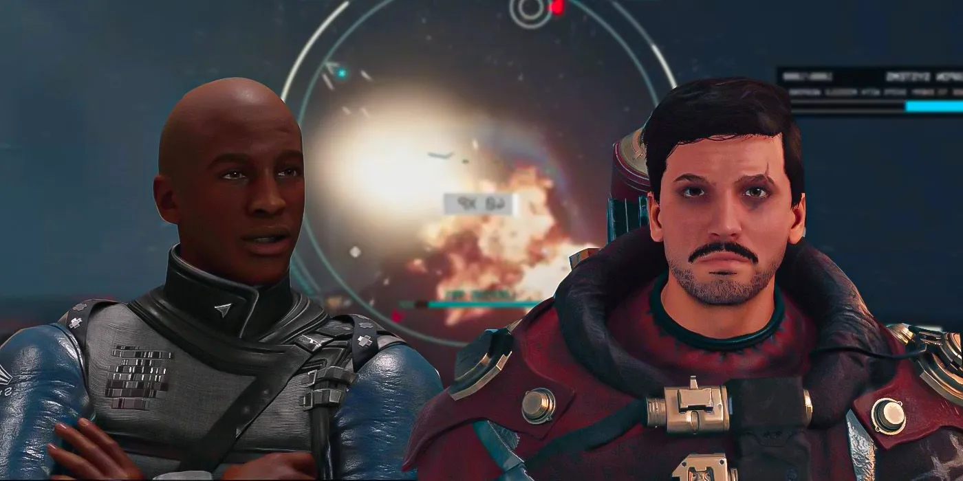 Delgado of the Crimson Fleet and Commander Ikande of UC SysDef stand in front of an explosion in space. Image