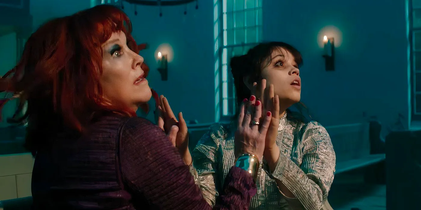 Delia and Astrid looking worried up at something in Beetlejuice Beetlejuice Image