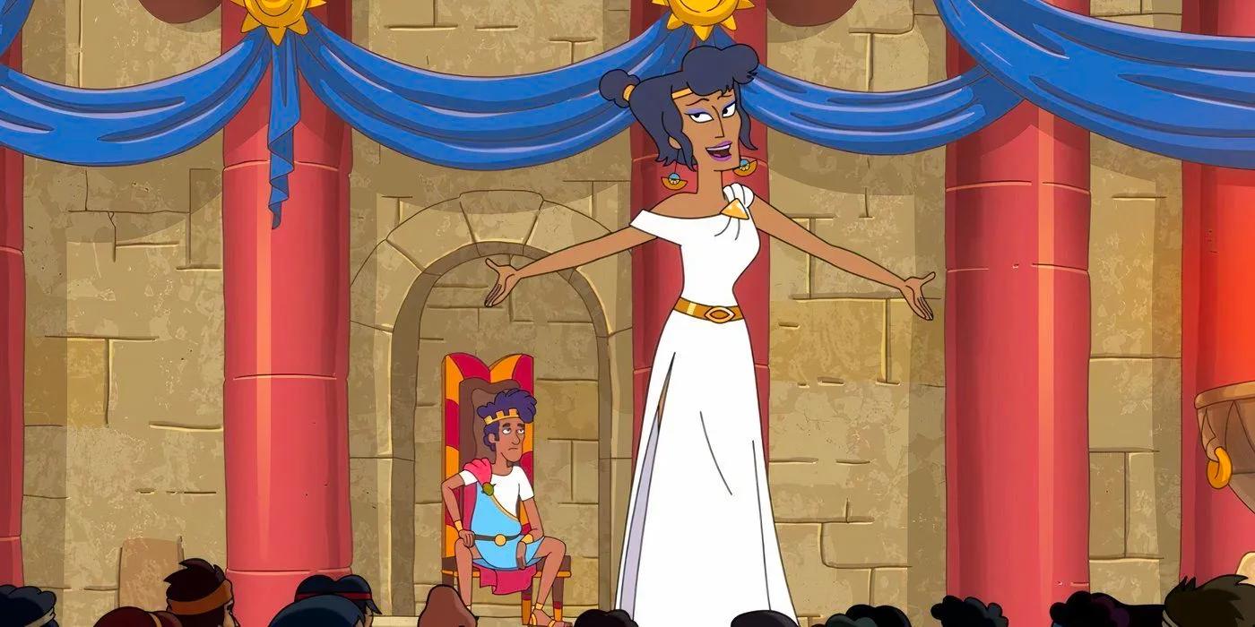 Deliria talks to a crowd while Tyrannis sits behind her in Krapopolis Image