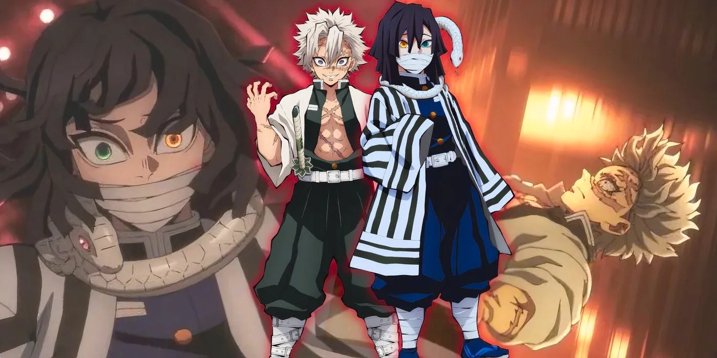 Demon Slayer Hashira's Obanai and Sanemi stand posed together with a background of them both falling into the Infinity Castle Image