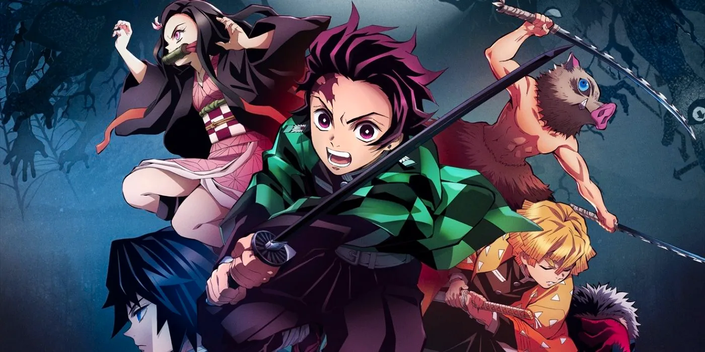 Demon Slayer Kimetsu no Yaiba Promotional Poster, Featuring Tanjirou, Nezuko, Zenitsu, & Inosuke in fighting stance Image