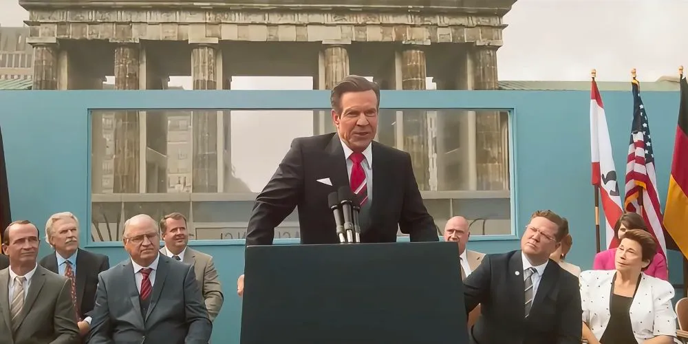 Dennis Quaid as Reagan at a press conference, demanding at the Berlin Wall be torn down in Reagan Image