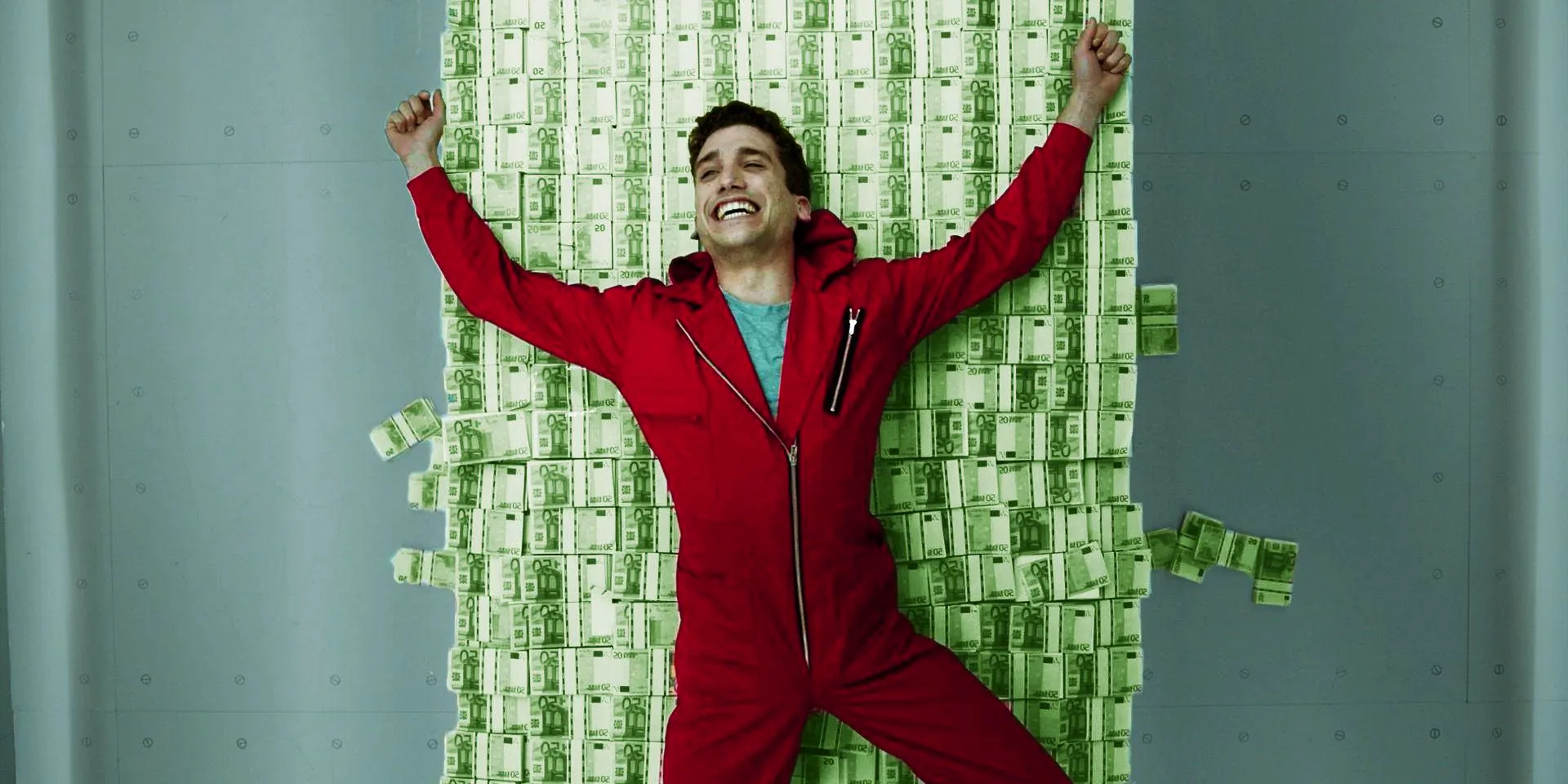 Denver smiling on top of a pile of money in Money Heist. Image