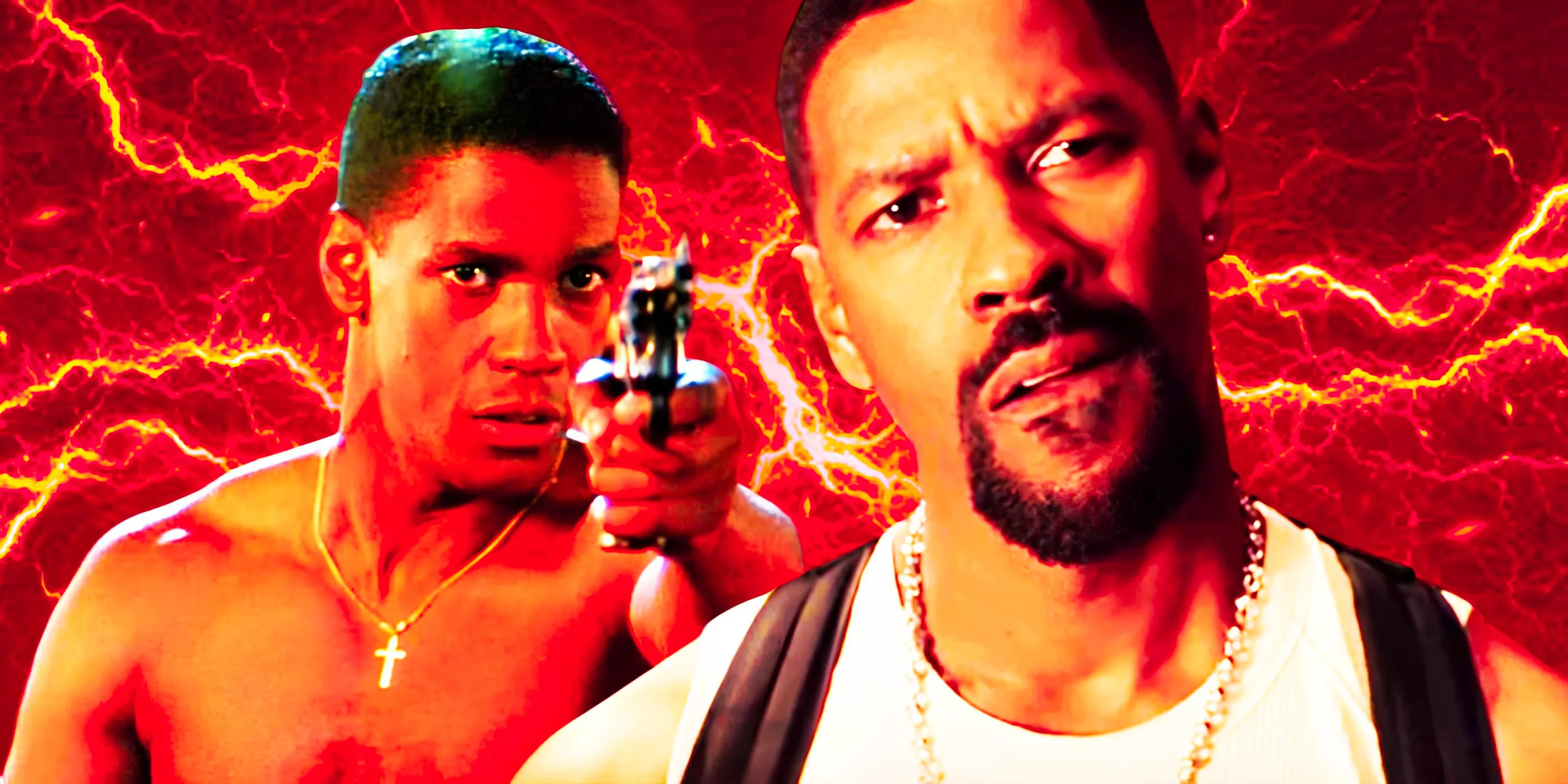 Denzel Washington as Alonzo in Training Day and as Nick Styles holding a revolver in Ricochet Image